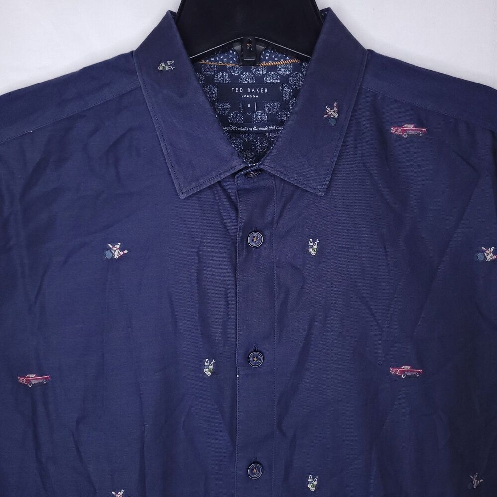 Ted Baker Shirt Mens 5 XL Navy Blue Classic Cars Bowling